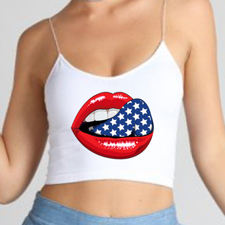 USA Star Lips White Spaghetti Tank
