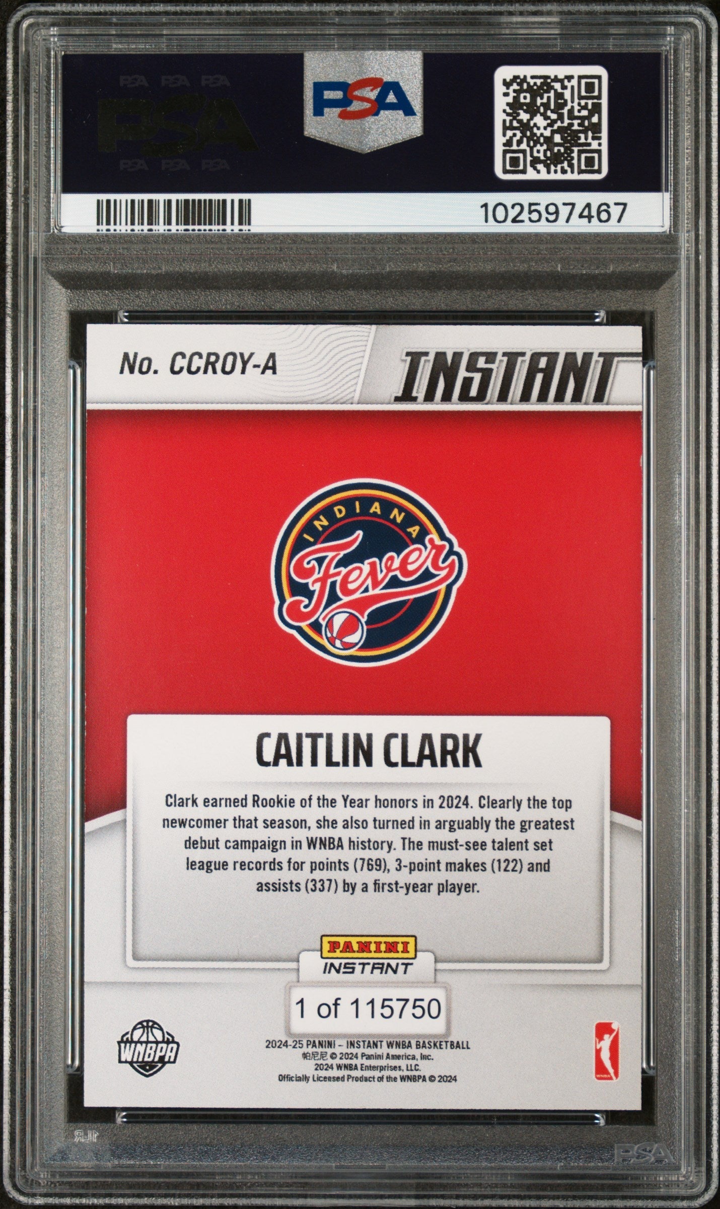 Graded 2024 Panini Instant WNBA Caitlin Clark #A Rookie of the Year Rookie RC Basketball Card PSA 9 Mint