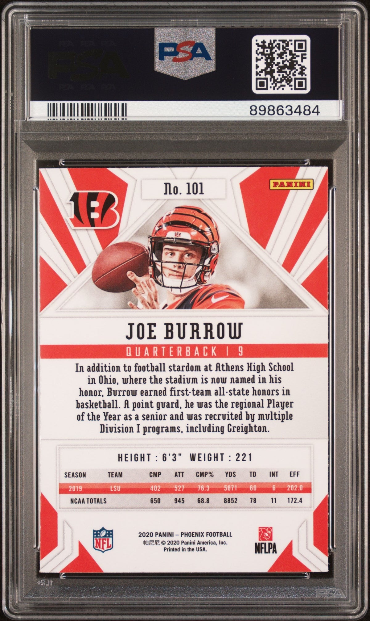 Graded 2020 Panini Phoenix Joe Burrow #101 Fire Burst Rookie RC Football Card PSA 10 Gem Mint