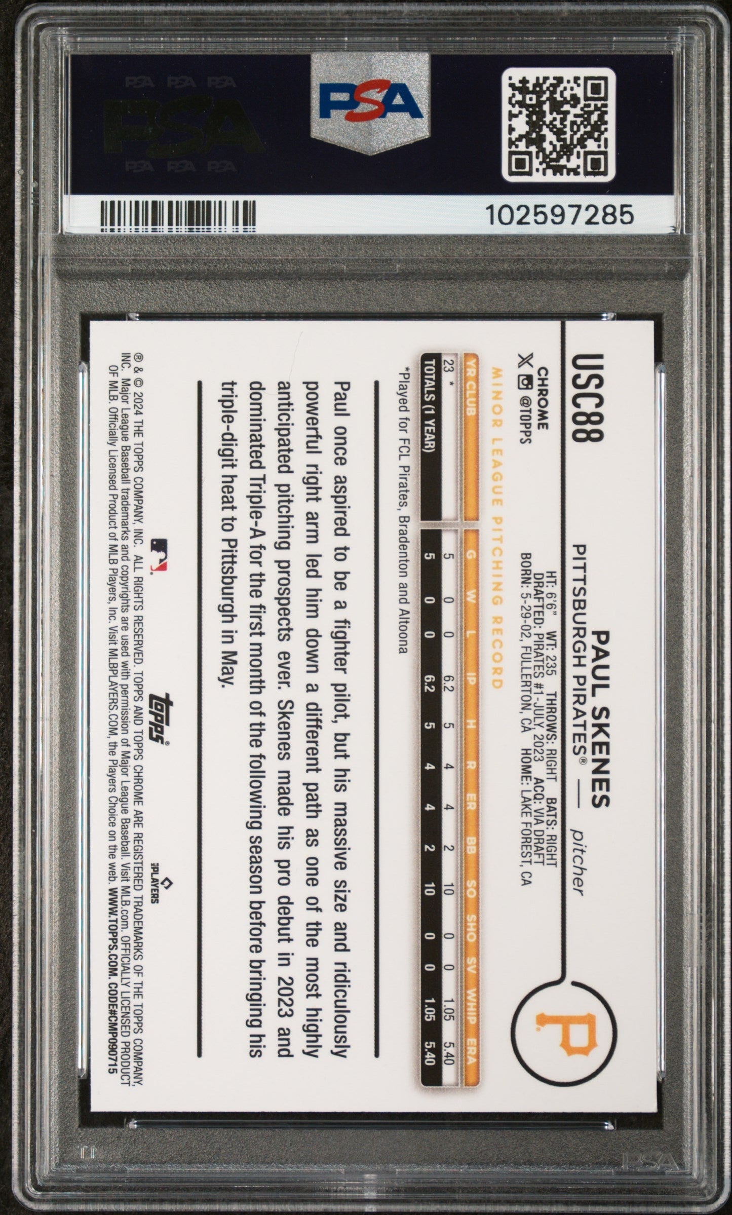 Graded 2024 Topps Chrome Update Paul Skenes #USC88 Rookie RC Baseball Card PSA 10 Gem Mint