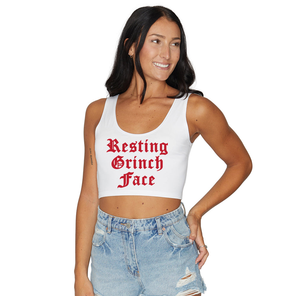 Old English Resting Grinch Face Crop Tank Top
