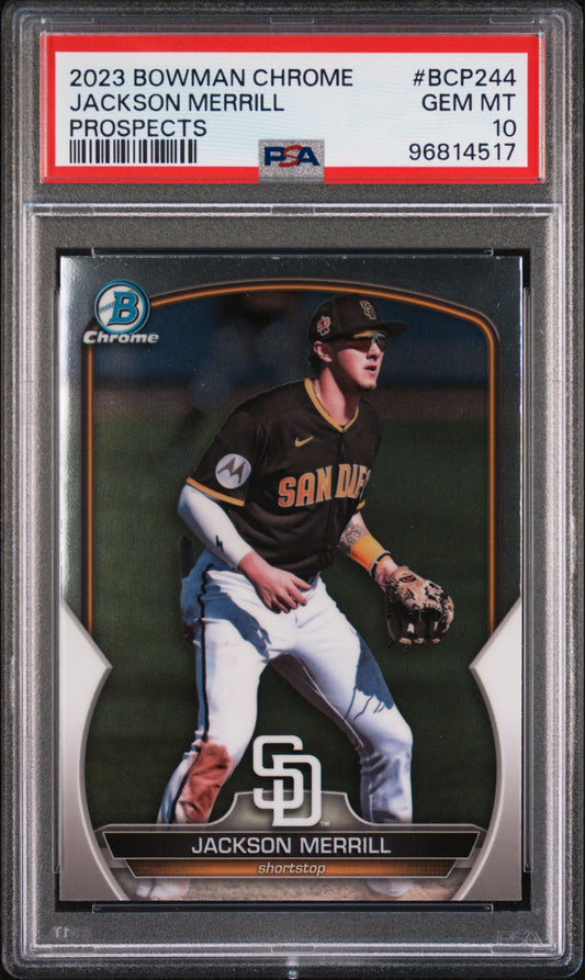 Graded 2023 Topps Bowman Chrome Jackson Merrill #BCP244 Prospects Rookie RC Baseball Card PSA 10 Gem Mint