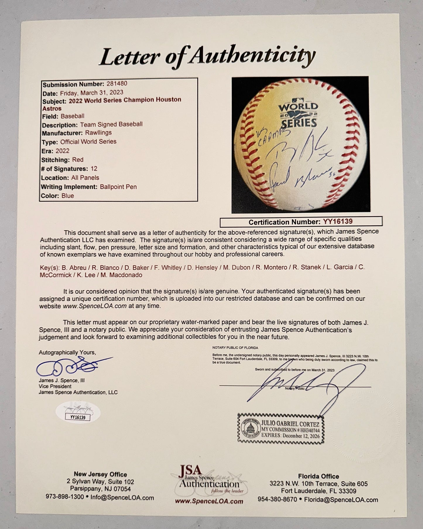 Houston Astros Autographed Team 2022 World Series Baseball JSA LOA