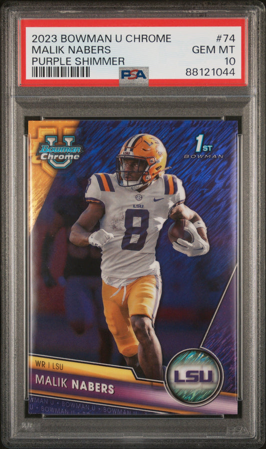 Graded 2023 Topps Bowman U Chrome Malik Nabers #74 Purple Shimmer Rookie RC Football Card PSA 10 Gem Mint