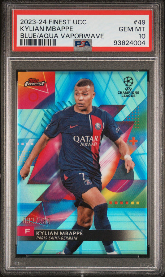 Graded 2023 Topps Finest UCC Kylian Mbappe #49 Blue/Aqua Vaporwave #/250 Soccer Card PSA 10 Gem Mint