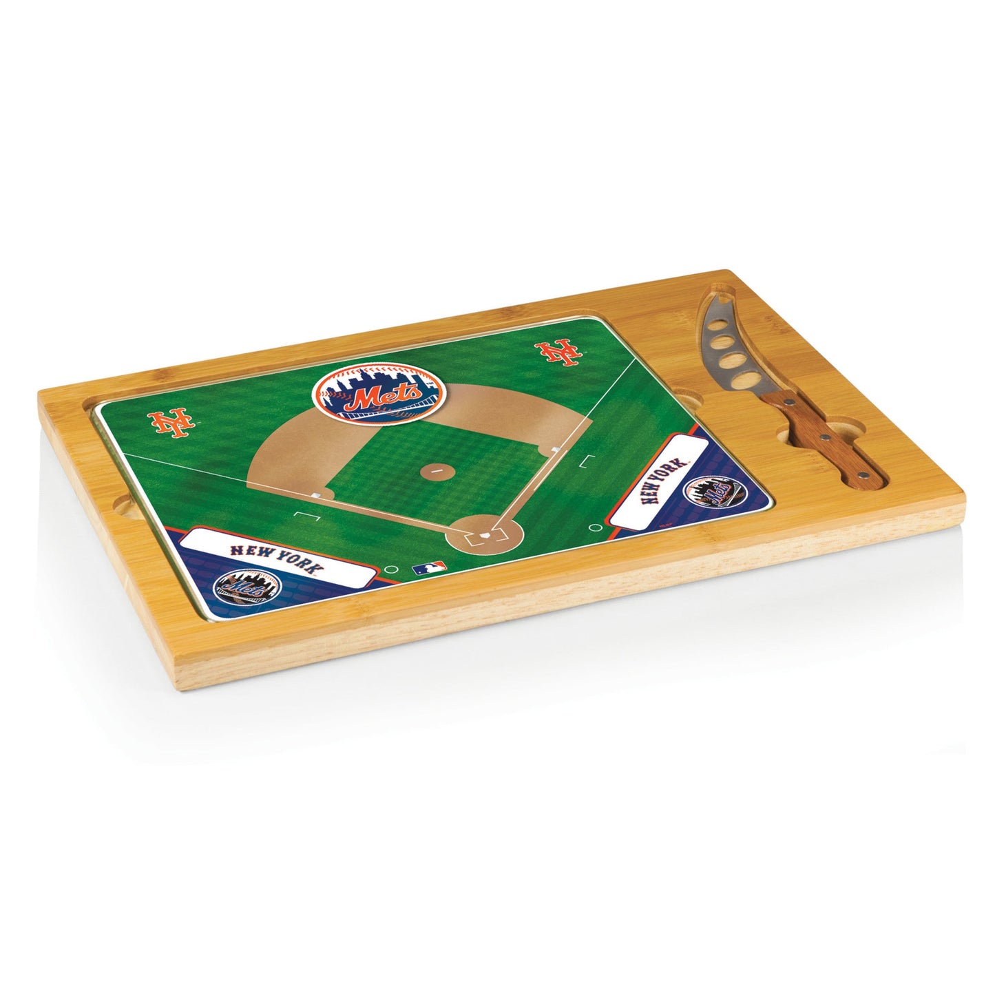 New York Mets Baseball Diamond - Icon Glass Top Cutting Board & Knife Set