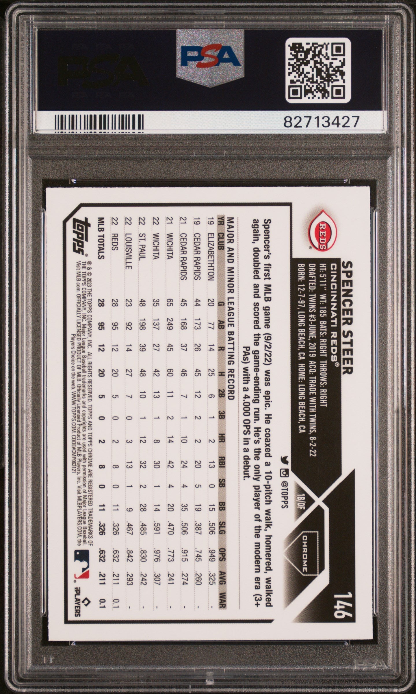 Graded 2023 Topps Chrome Spencer Steer #146 Prism Rookie RC Baseball Card PSA 10 Gem Mint