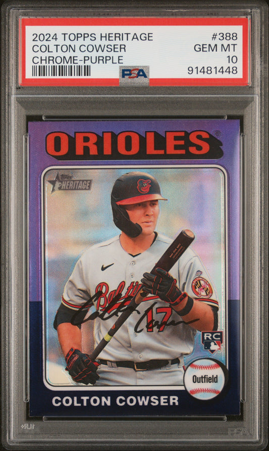 Graded 2024 Topps Heritage Colton Cowser #388 Chrome Purple Rookie RC Baseball Card PSA 10 Gem Mint