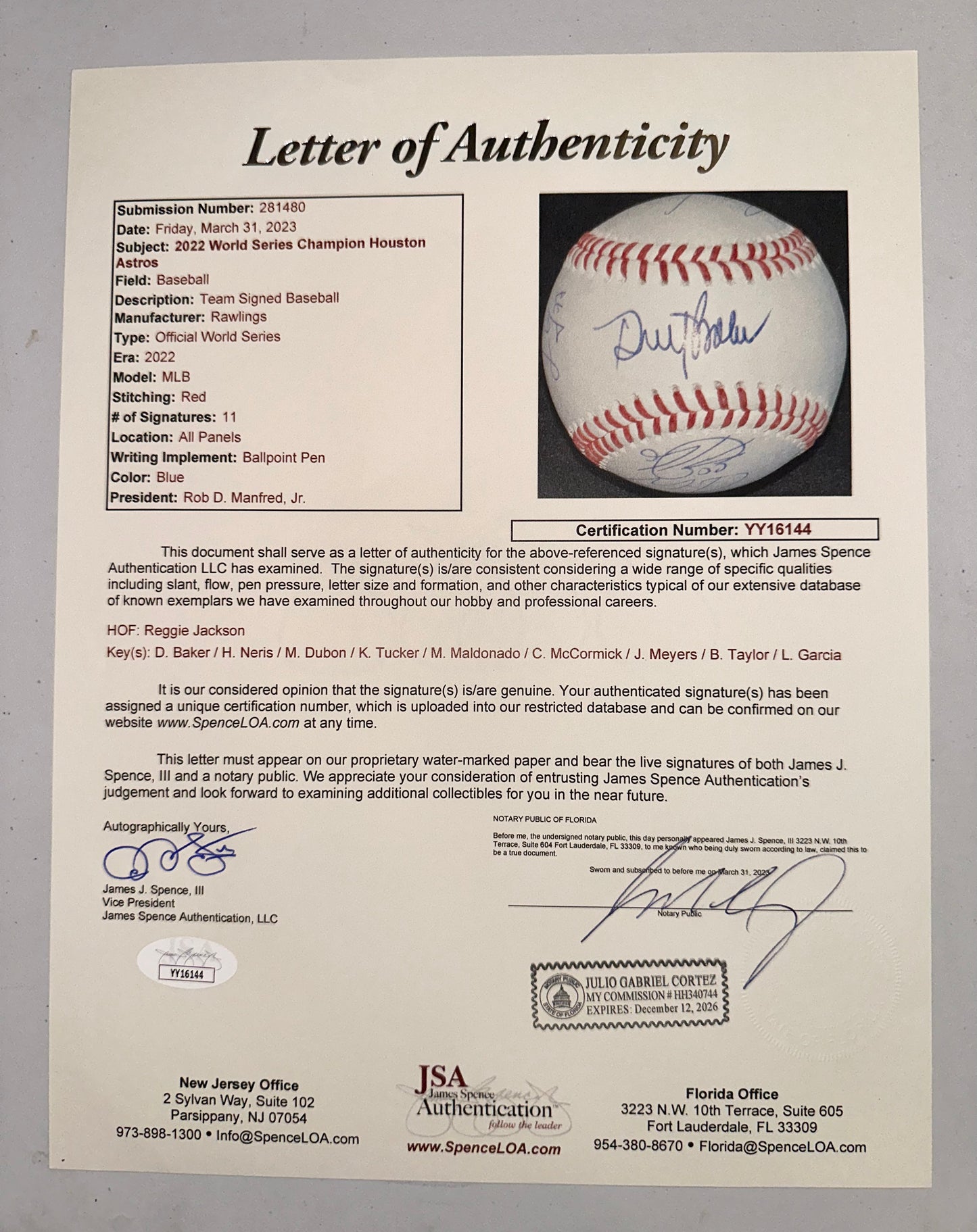 Houston Astros Team Signed 2022 World Series Baseball JSA LOA