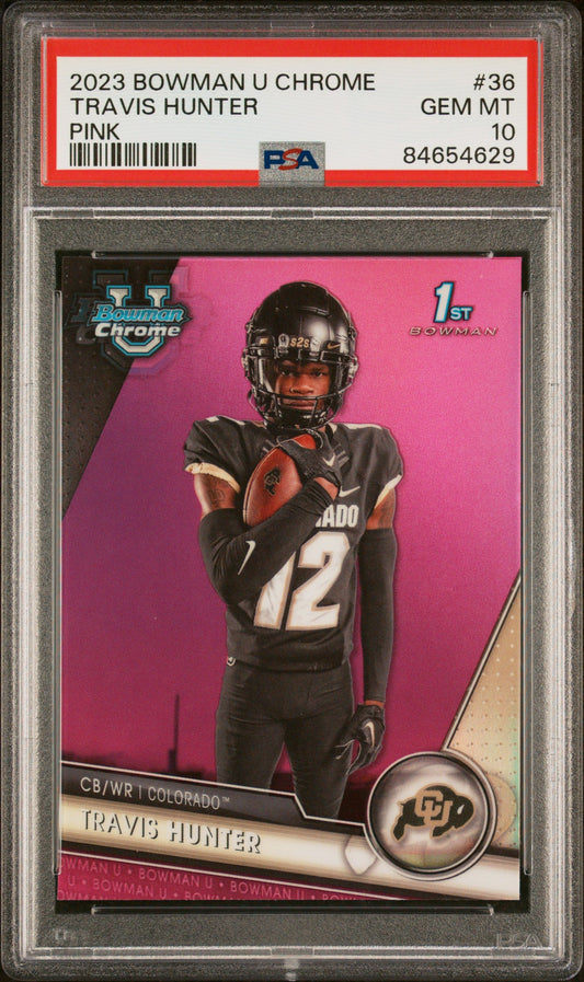 Graded 2023 Topps Bowman U Chrome Travis Hunter #36 Pink Rookie RC Football Card PSA 10 Gem Mint