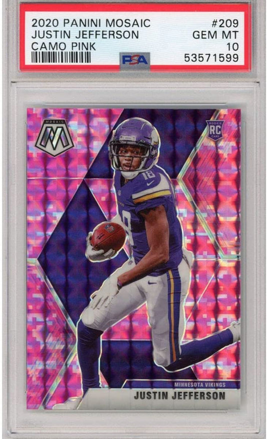 Graded 2020 Panini Mosaic Justin Jefferson #209 Camo Pink Rookie RC Football Card PSA 10 Gem Mint