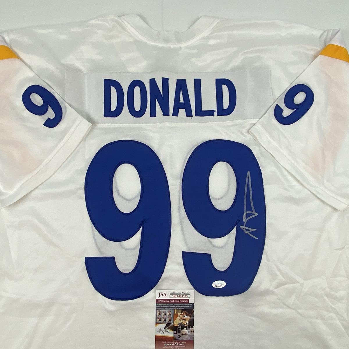 Autographed/Signed Aaron Donald Los Angeles LA White Football Jersey JSA COA