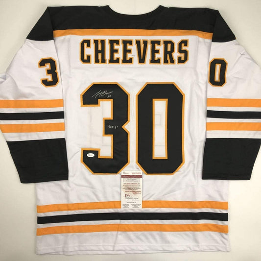 Autographed/Signed Gerry Cheevers HOF 85  Boston White Hockey Jersey JSA COA