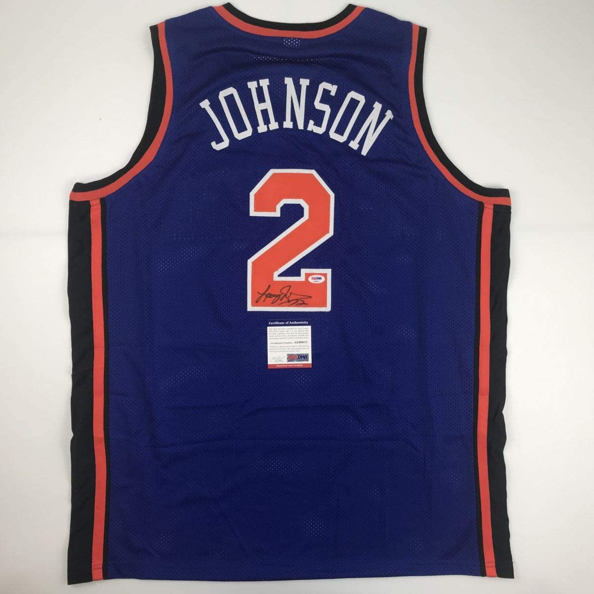 Autographed/Signed Larry Johnson New York Blue Basketball Jersey PSA/DNA COA