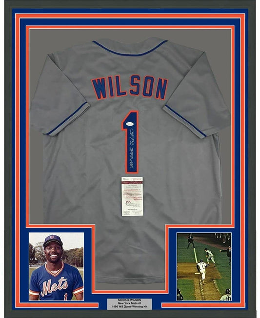 Framed Autographed/Signed Mookie Wilson 35x39 New York Grey Baseball Jersey JSA COA