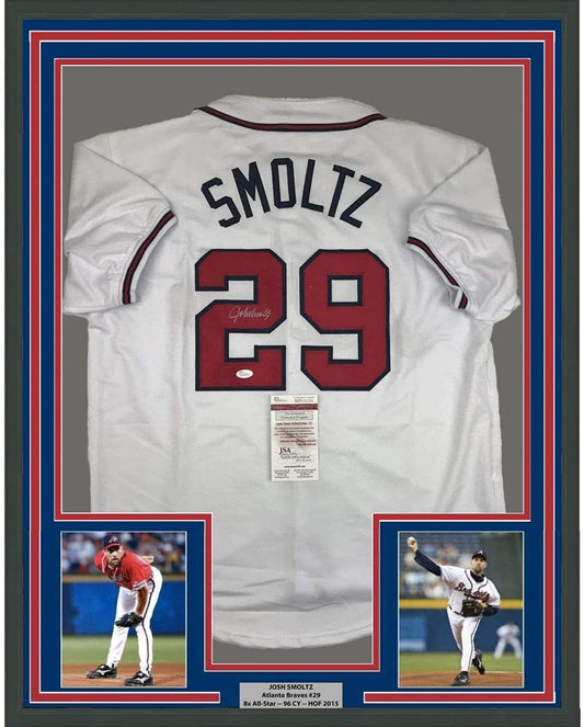 Framed Autographed/Signed John Smoltz 35x39 Atlanta White Baseball Jersey JSA COA