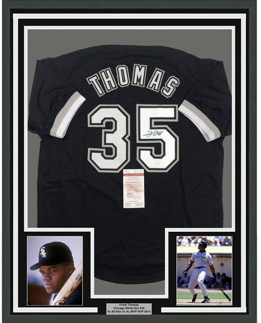 Framed Autographed/Signed Frank Thomas 35x39 Chicago Black Baseball Jersey JSA COA