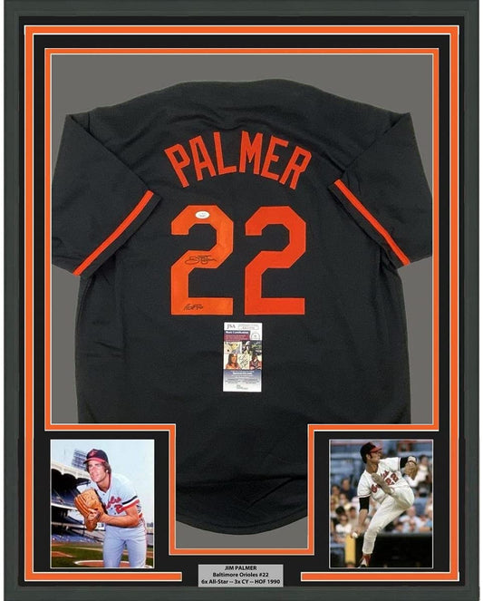 Framed Autographed/Signed Jim Palmer HOF 1990 35x39 Baltimore Black Baseball Jersey JSA COA