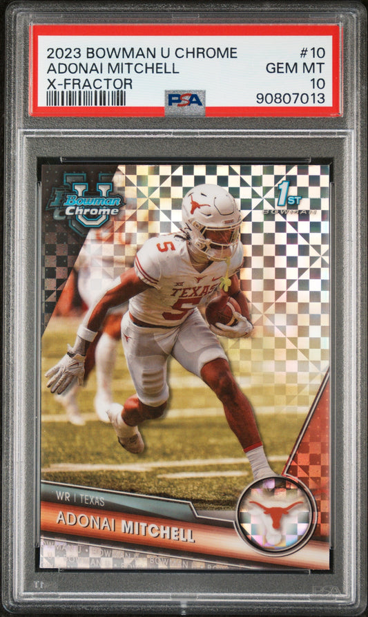 Graded 2023 Topps Bowman U Chrome Adonai Mitchell #10 Xfractor Rookie RC Football Card PSA 10 Gem Mint