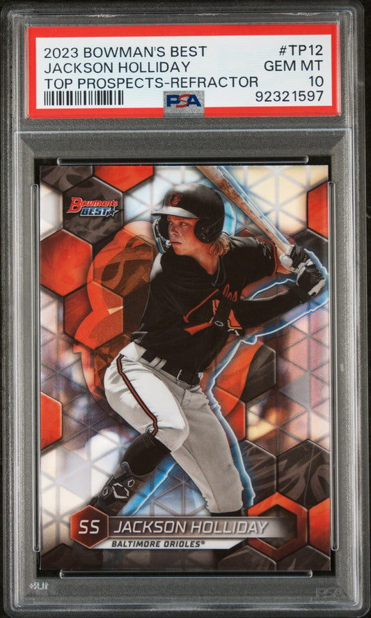 Graded 2023 Topps Bowmans Best Jackson Holliday #TP12 Top Prospects Refractor Rookie RC Baseball Card PSA 10 Gem Mint