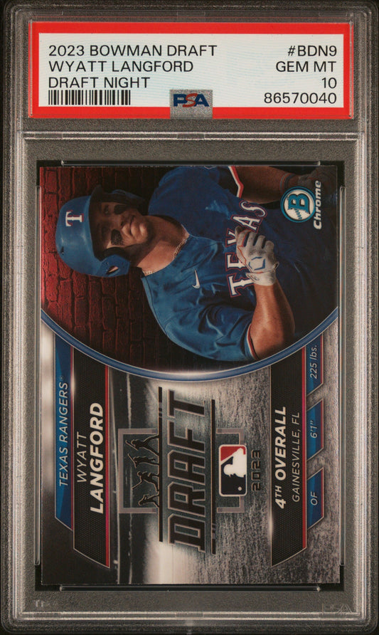 Graded 2023 Topps Bowman Draft Wyatt Langford #BDN9 Draft Night Rookie RC Baseball Card PSA 10 Gem Mint