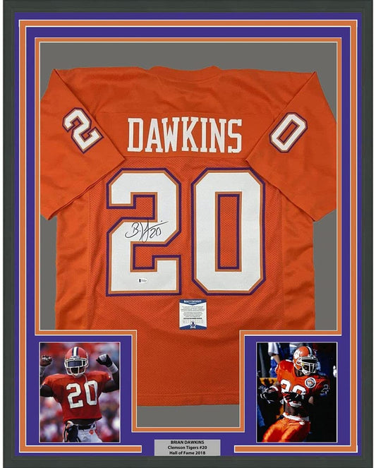 Framed Autographed/Signed Brian Dawkins 35x39 Clemson Orange College Football Jersey Beckett BAS COA