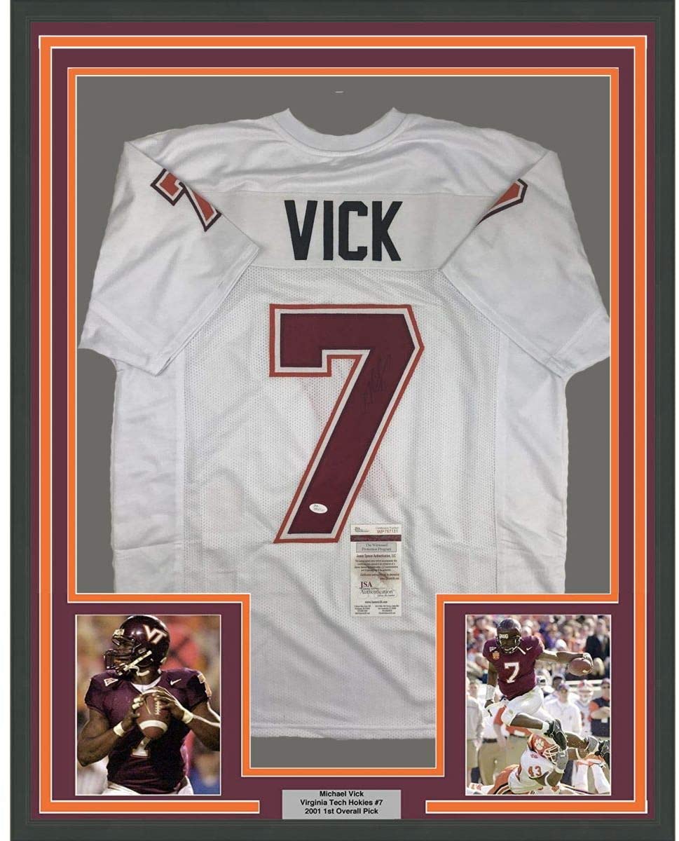 Framed Autographed/Signed Michael Mike Vick 35x39 Virginia Tech White College Football Jersey JSA COA