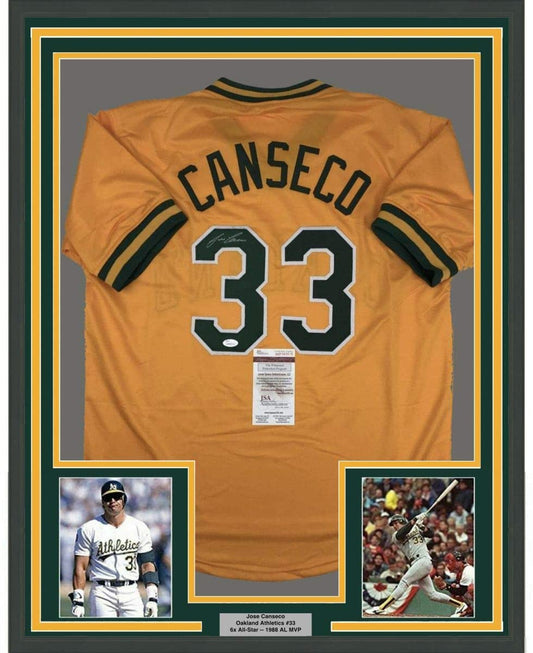 Framed Autographed/Signed Jose Canseco 35x39 Oakland Yellow Baseball Jersey JSA COA