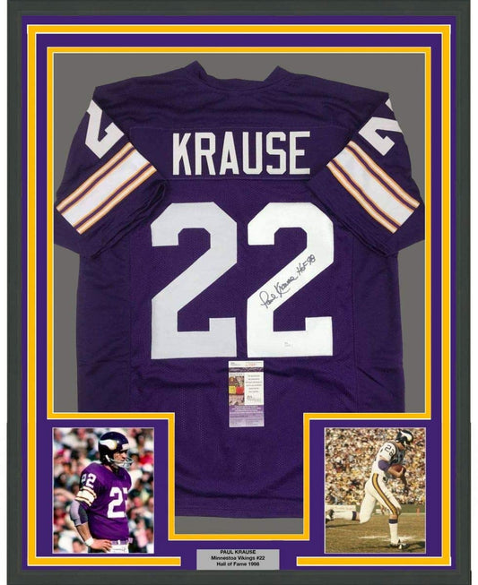 Framed Autographed/Signed Paul Krause HOF 98 35x39 Minnesota Purple Football Jersey JSA COA