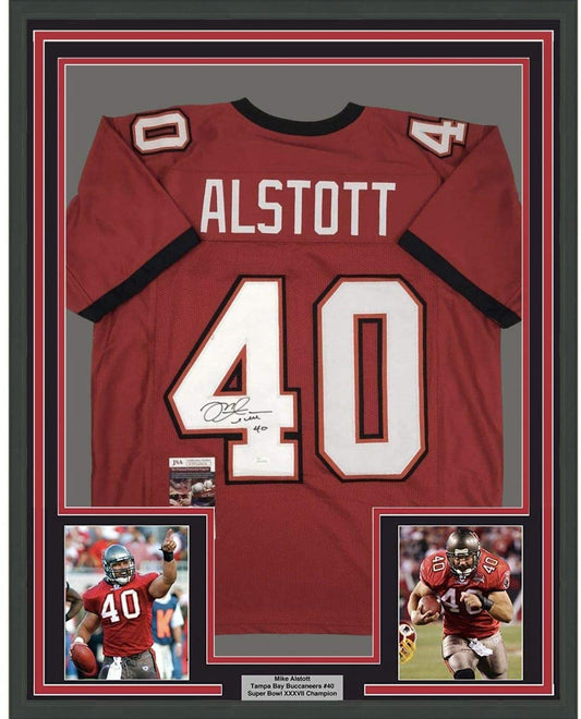 Framed Autographed/Signed Mike Alstott 35x39 Tampa Bay Red Football Jersey JSA COA