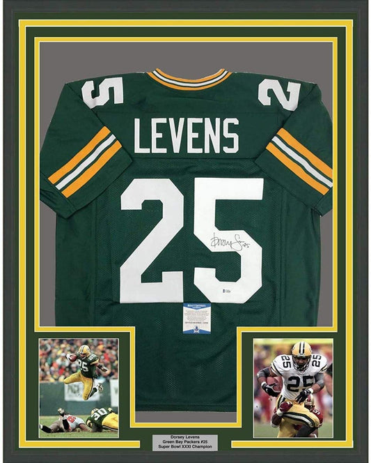 Framed Autographed/Signed Dorsey Levens 35x39 Green Bay Packers Green Football Jersey JSA COA