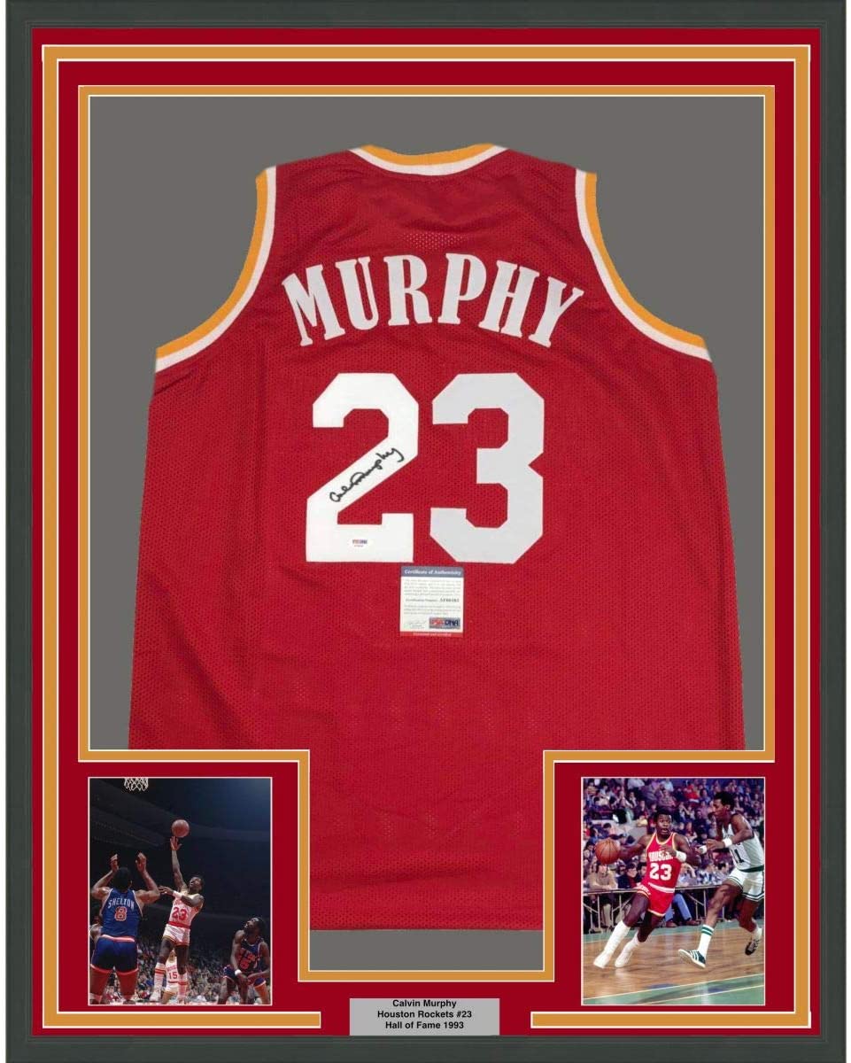 Framed Autographed/Signed Calvin Murphy 35x39 Houston Red Basketball Jersey PSA/DNA COA