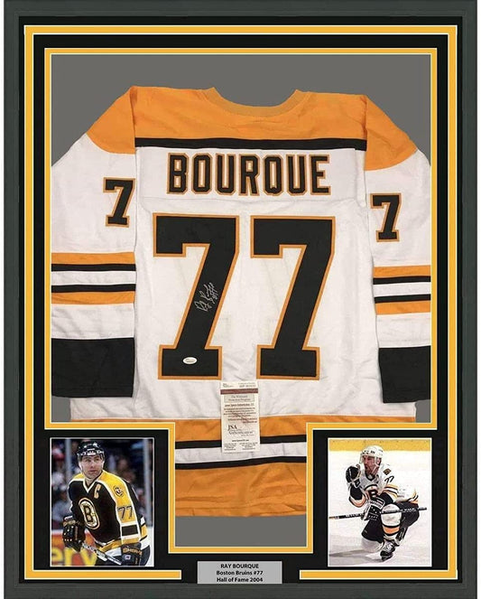 Framed Autographed/Signed Ray Bourque 35x39 Boston White Hockey Jersey JSA COA