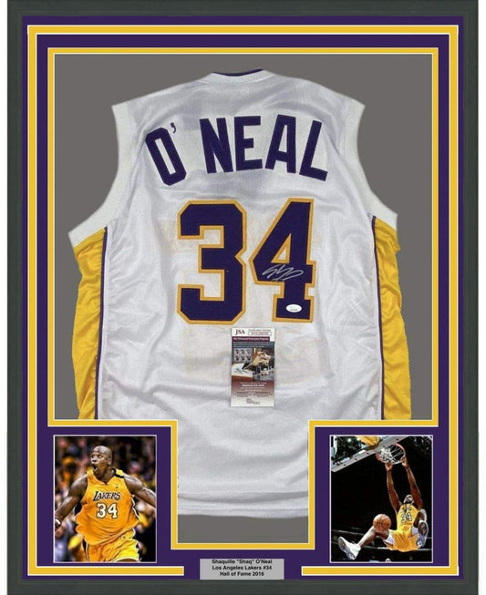 Framed Autographed/Signed Shaquille Shaq O'Neal 35x39 Los Angeles LA White Basketball Jersey JSA COA
