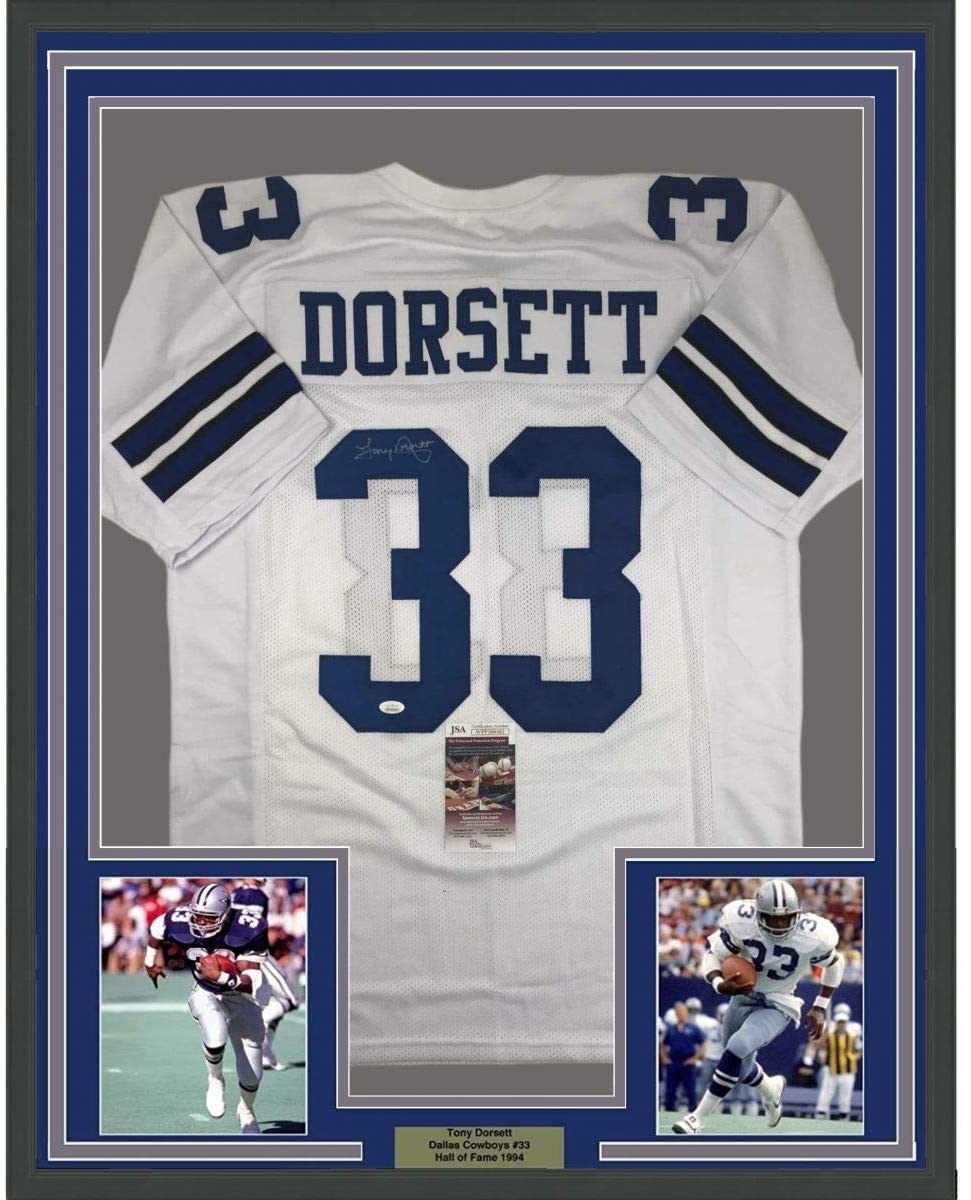 Framed Autographed/Signed Tony Dorsett 35x39 Dallas White Football Jersey JSA COA