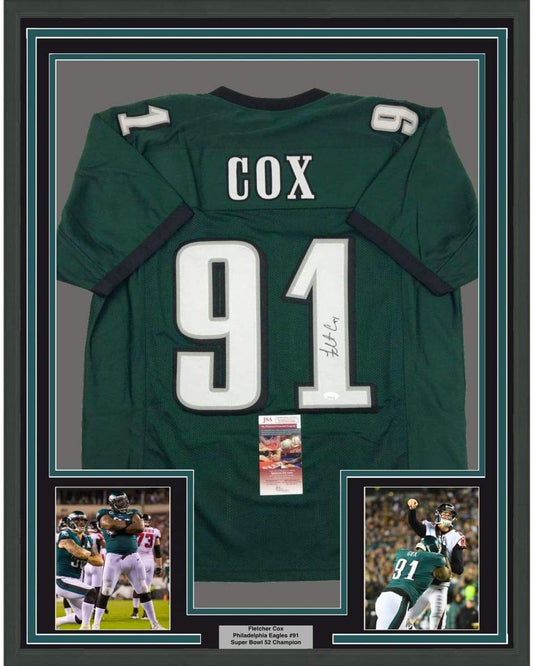 Framed Autographed/Signed Fletcher Cox 35x39 Philadelphia Green Football Jersey JSA COA