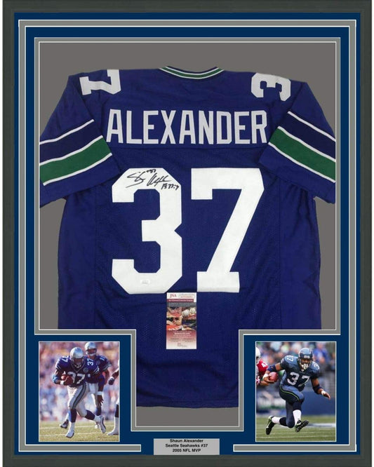 Framed Autographed/Signed Shaun Alexander 35x39 Seattle Blue Football Jersey JSA COA