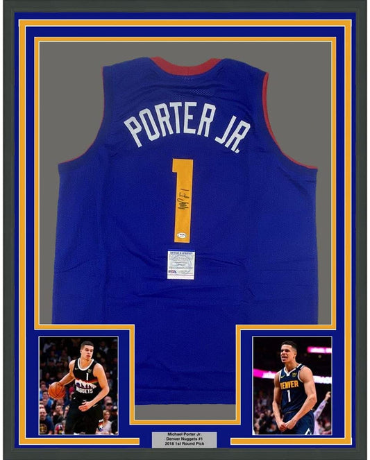 Framed Autographed/Signed Michael Porter Jr. 35x39 Denver Royal Blue Basketball Jersey PSA/DNA COA