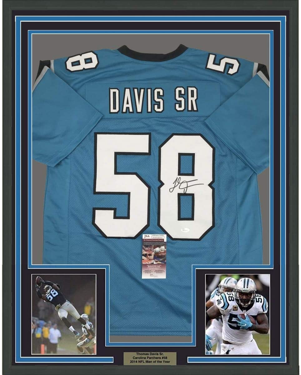 Framed Autographed/Signed Thomas Davis Sr. 35x39 Carolina Blue Football Jersey JSA COA