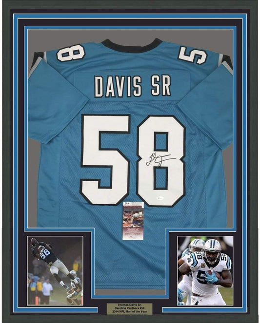 Framed Autographed/Signed Thomas Davis Sr. 35x39 Carolina Blue Football Jersey JSA COA