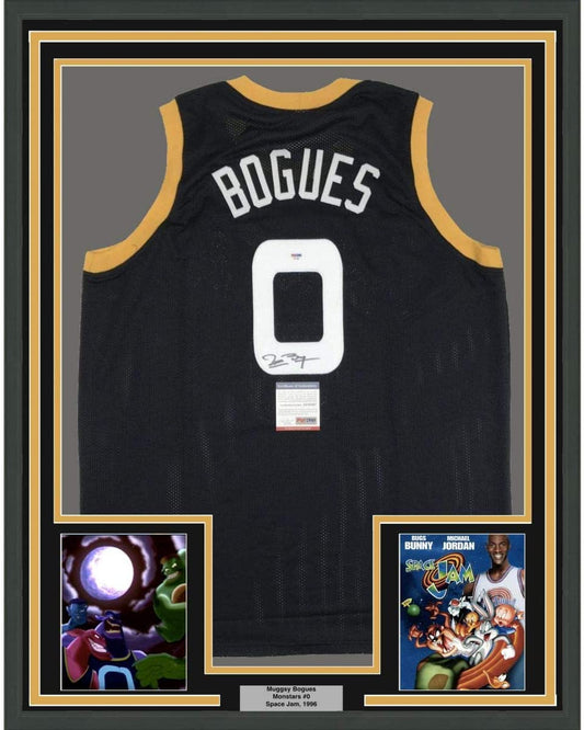 Framed Autographed/Signed Muggsy Bogues 35x39 Space Jam Monstars Black Basketball Jersey PSA/DNA COA