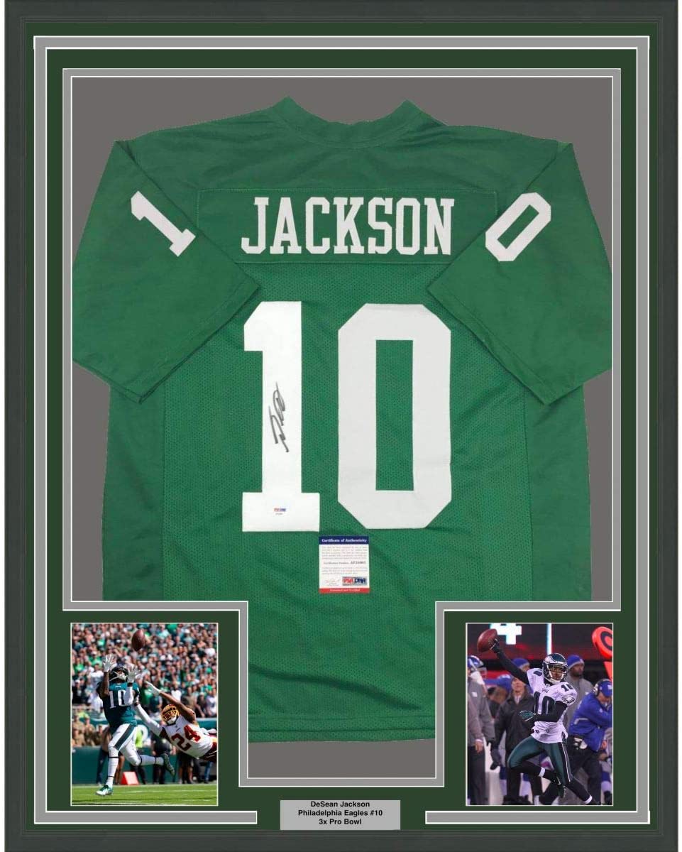 Framed Autographed/Signed DeSean Jackson 35x39 Philadelphia Kelly Green Football Jersey PSA/DNA COA