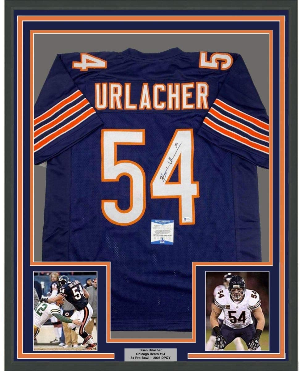 Framed Autographed/Signed Brian Urlacher 35x39 Chicago Bears Blue Football Jersey Beckett BAS COA