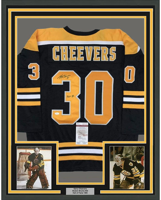 Framed Autographed/Signed Gerry Cheevers HOF 85 35x39 Boston Black Hockey Jersey JSA COA