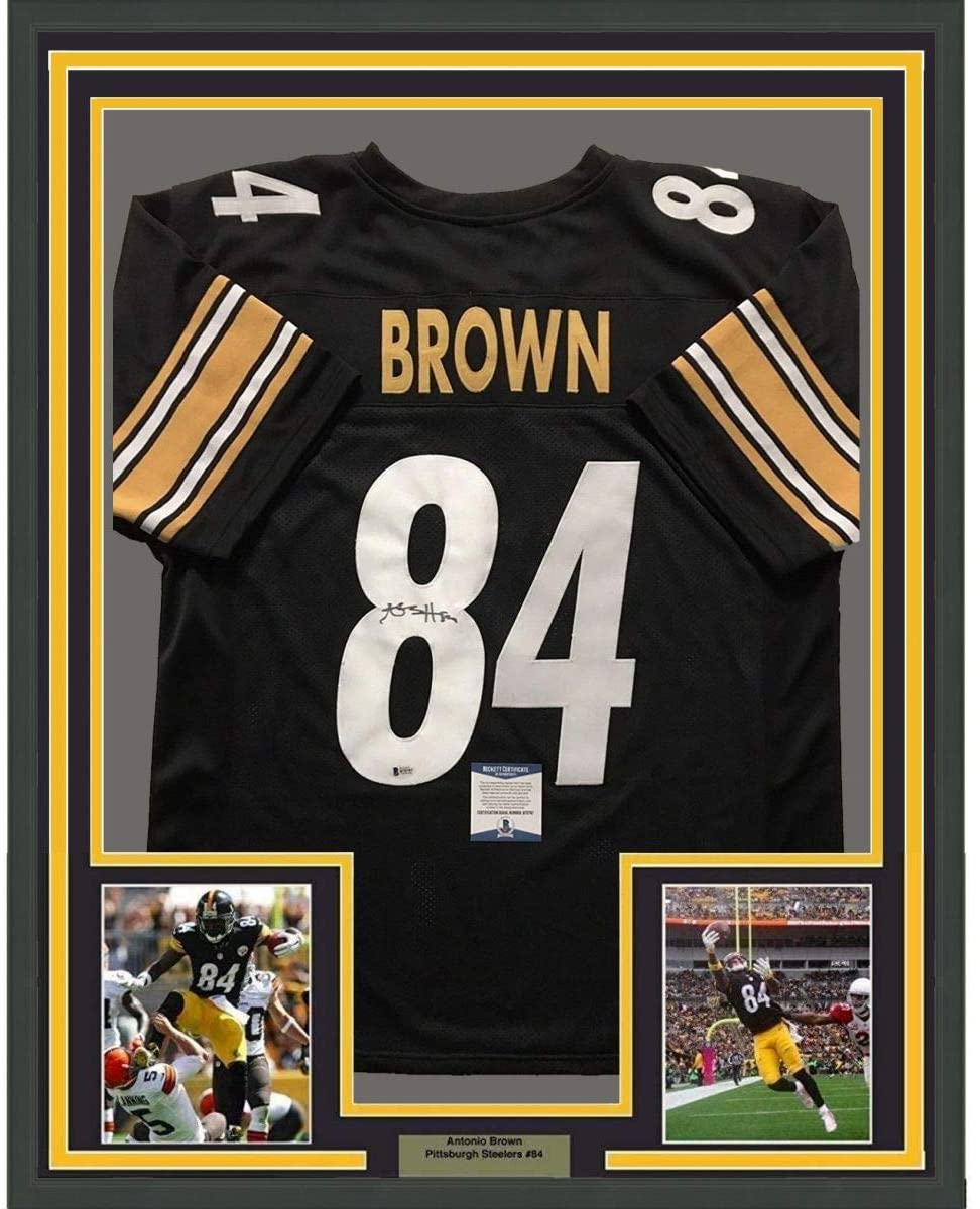 Framed Autographed/Signed Antonio Brown 35x39 Pittsburgh Black Football Jersey Beckett BAS COA