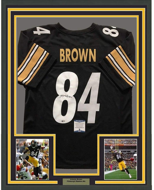 Framed Autographed/Signed Antonio Brown 35x39 Pittsburgh Black Football Jersey Beckett BAS COA