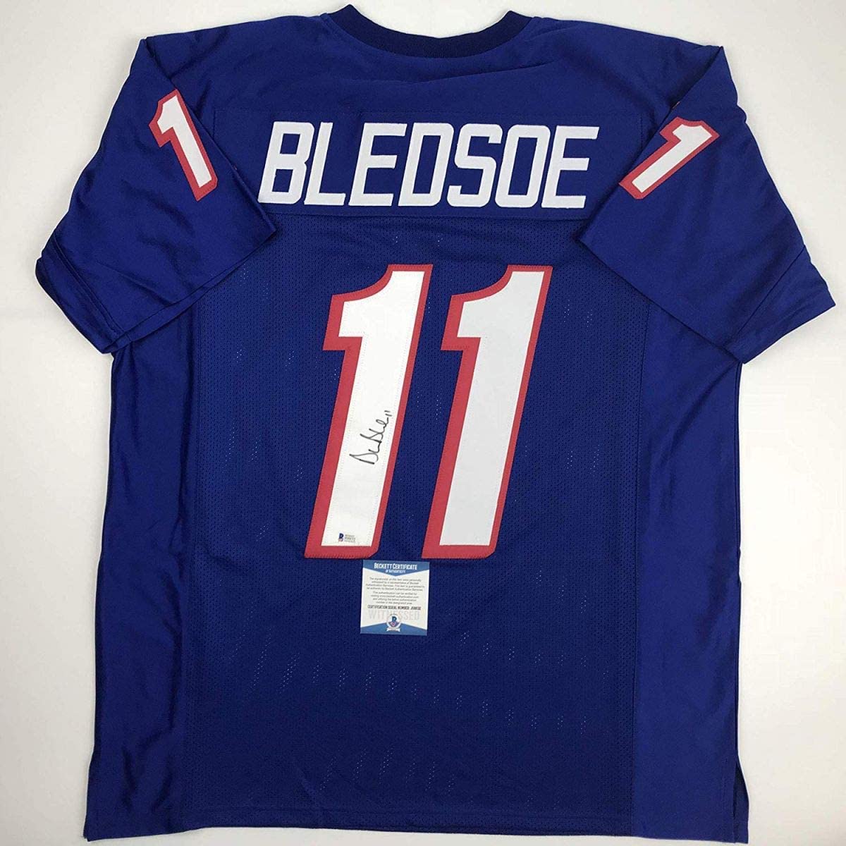 Autographed/Signed Drew Bledsoe New England Blue Football Jersey Beckett BAS COA