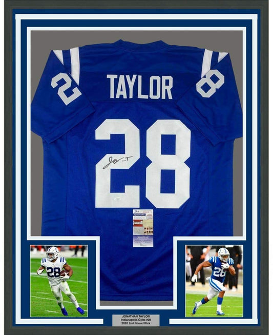 Framed Autographed/Signed Jonathan Taylor 35x39 Indianapolis Blue Football Jersey JSA COA