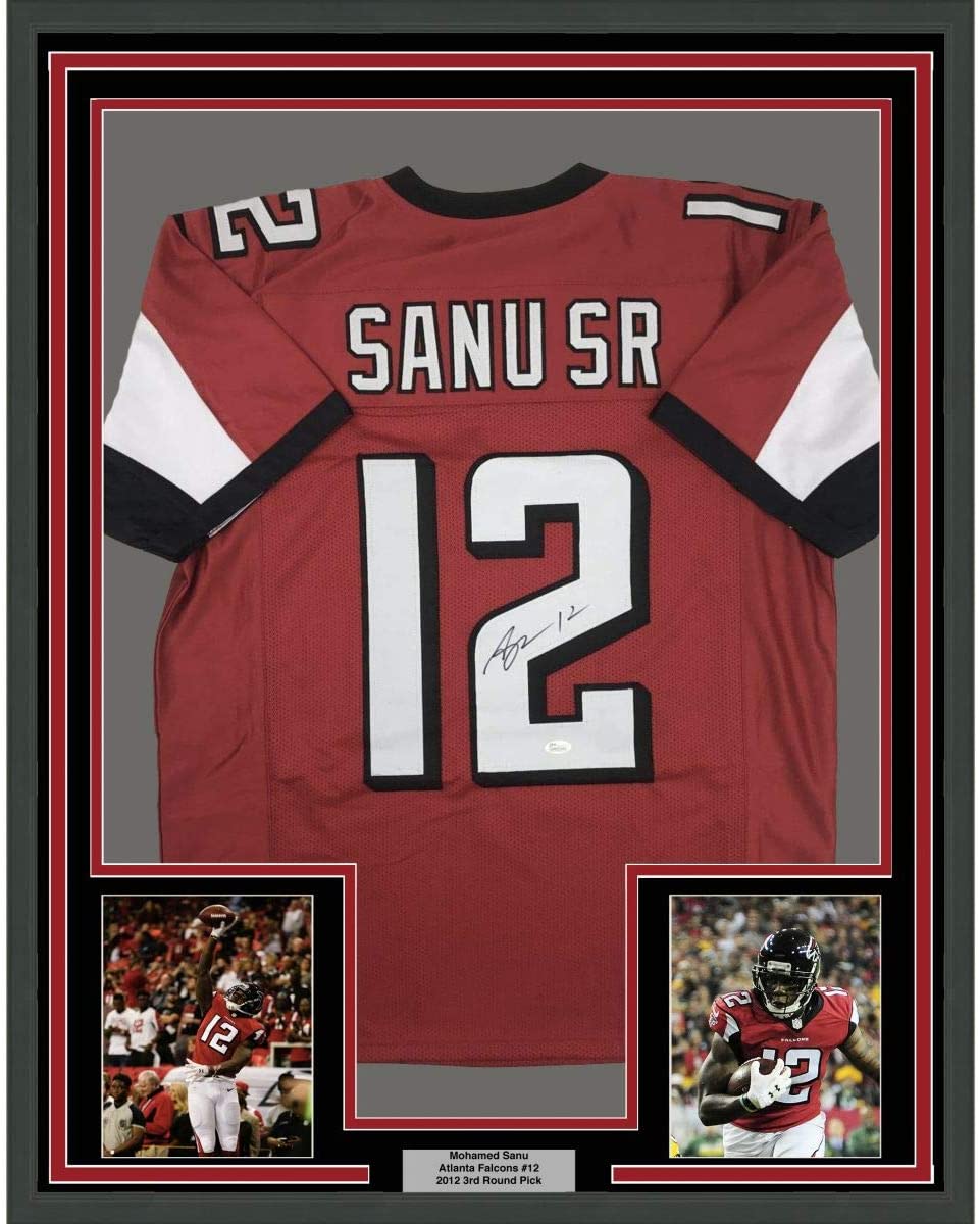Framed Autographed/Signed Mohamed Sanu Sr 35x39 Atlanta Red Football Jersey JSA COA Holo Only