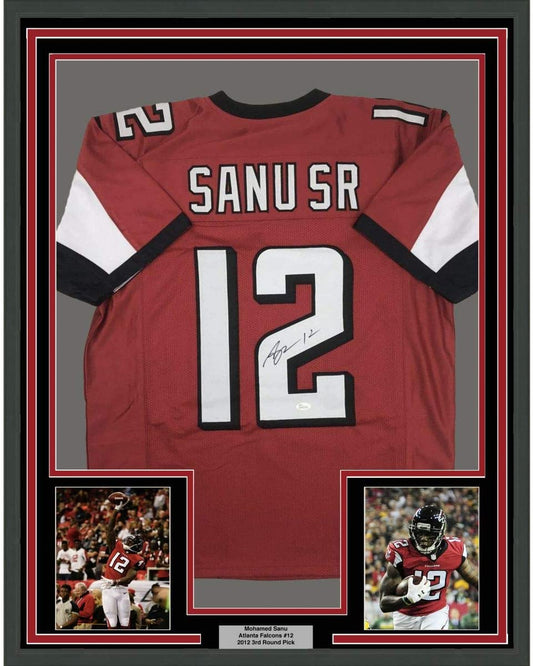 Framed Autographed/Signed Mohamed Sanu Sr 35x39 Atlanta Red Football Jersey JSA COA Holo Only